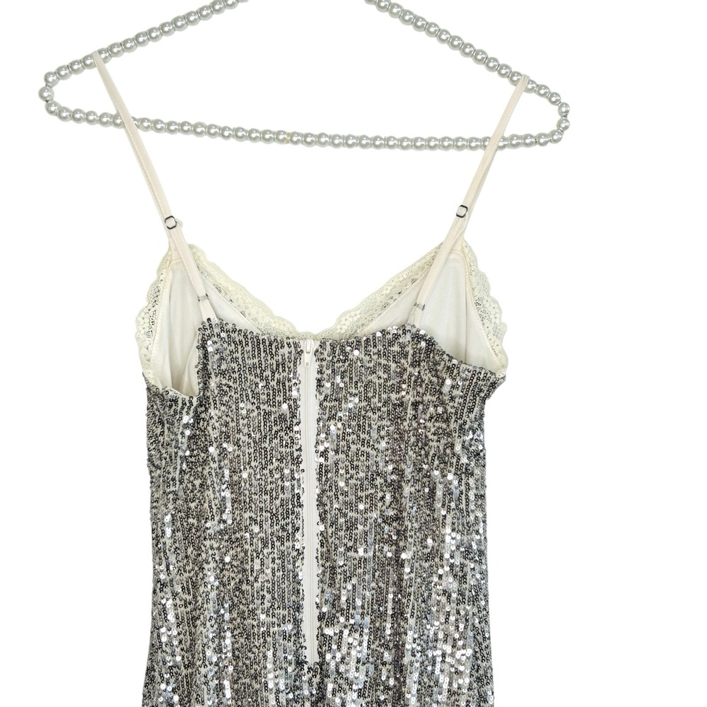 Y2k Sequin Babydoll Slip Dress XS Silver Fairy Mini Lace HOCO Holiday Party Club - Picture 6 of 9